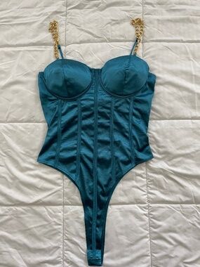 Kaylee Kollection Teal Satin Bodysuit L Gold Chain Strap NWT